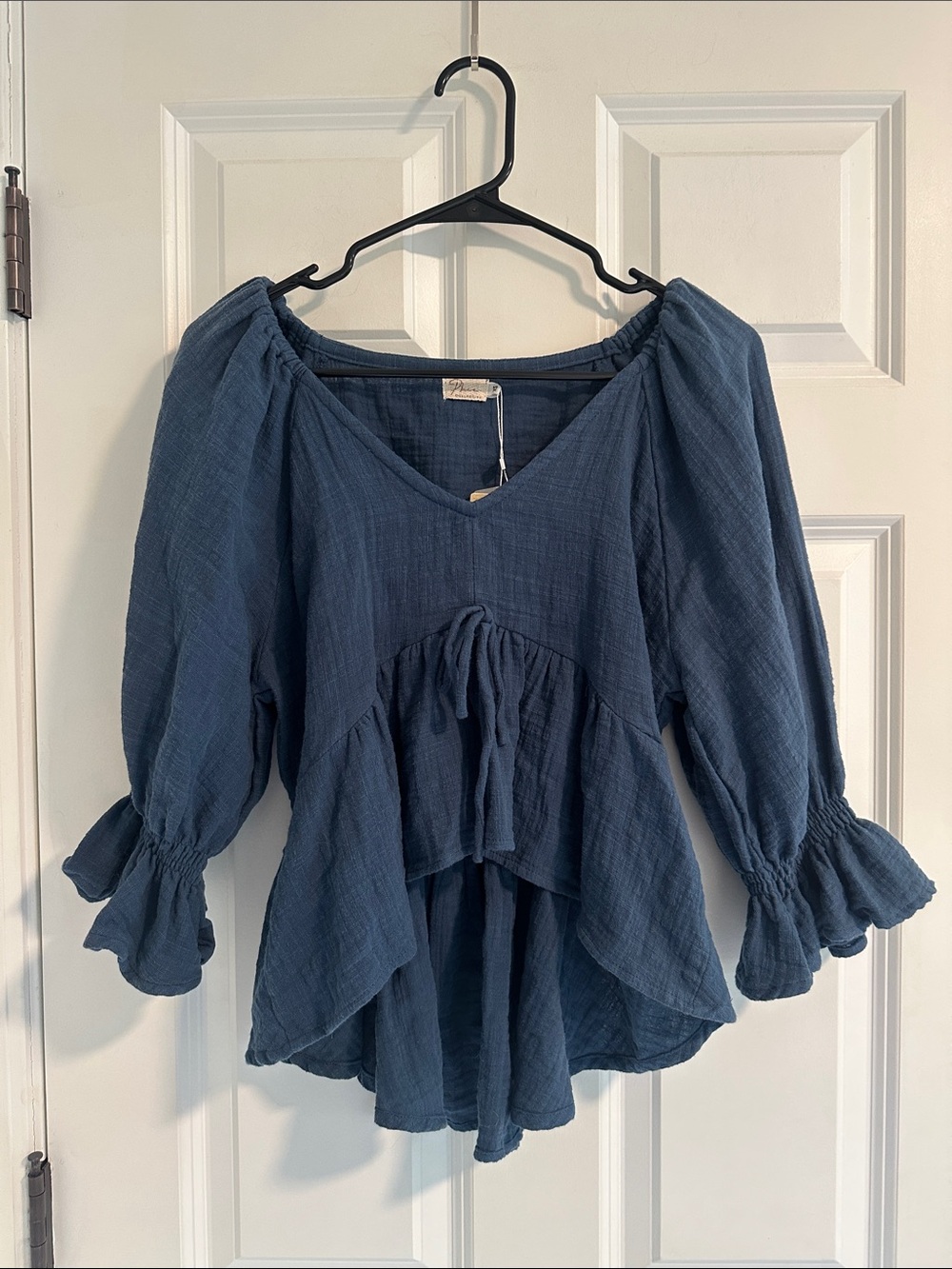 NWT Phie Collective Organic Cotton Puff Sleeve Top in Navy size XS